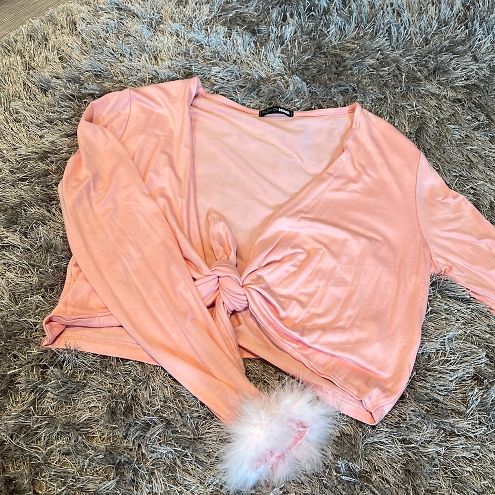 Long sleeve pink knot tie long sleeve with fuzzy wrists